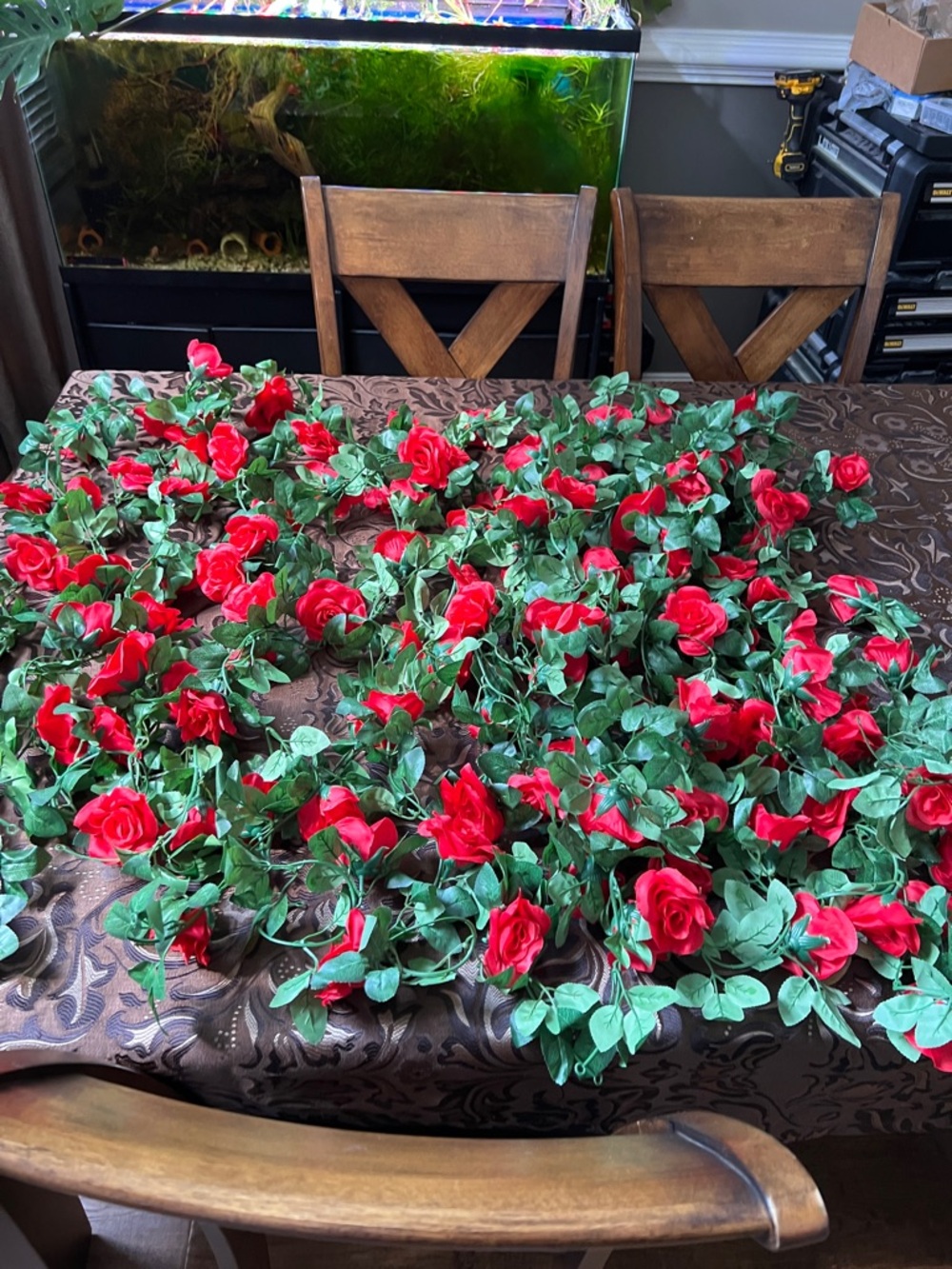 Red Rose Floral Garland Strand - Lush Faux Greenery